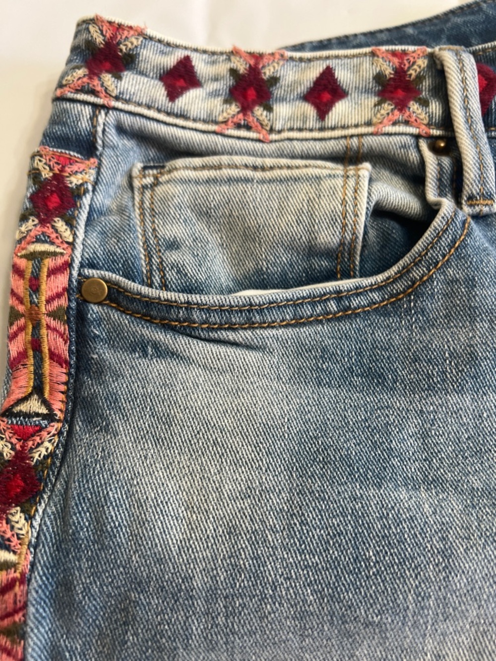 DRIFTWOOD Light Blue Denim Shorts with Red Embroidered Trim - Picture 2 of 15